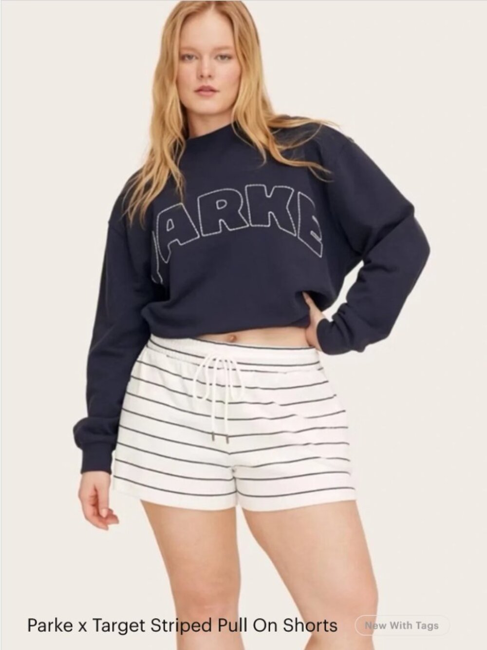 Women's High-Rise Drawstring Knit Pull-On Shorts - Parke x Target Navy Blue Stri